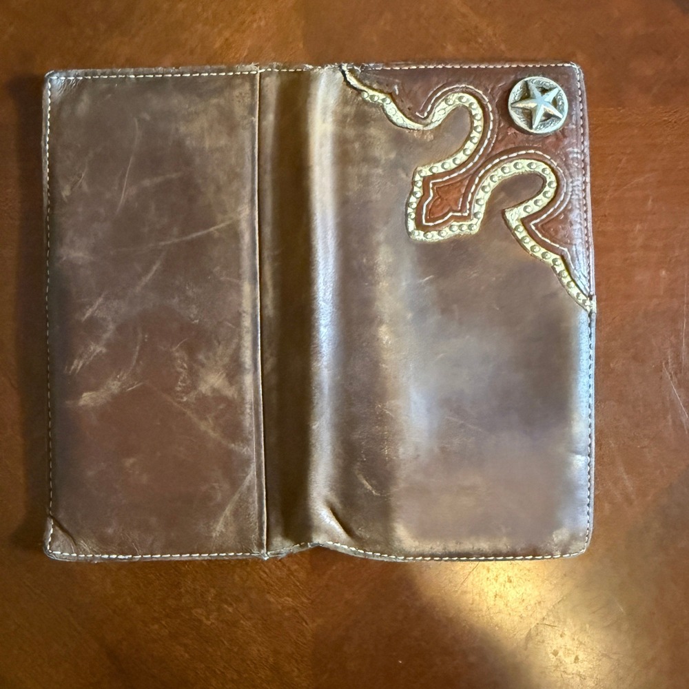 Mens Brown Leather Rodeo Checkbook Wallet Western Texas Star Concho Studded